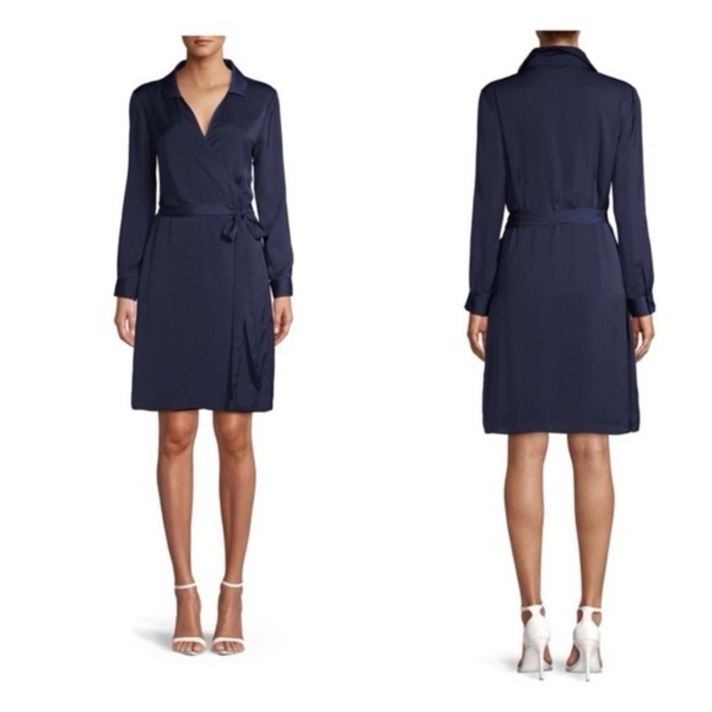 NWT C Wonder Navy Blue Long Sleeve Collared Wrap Dress